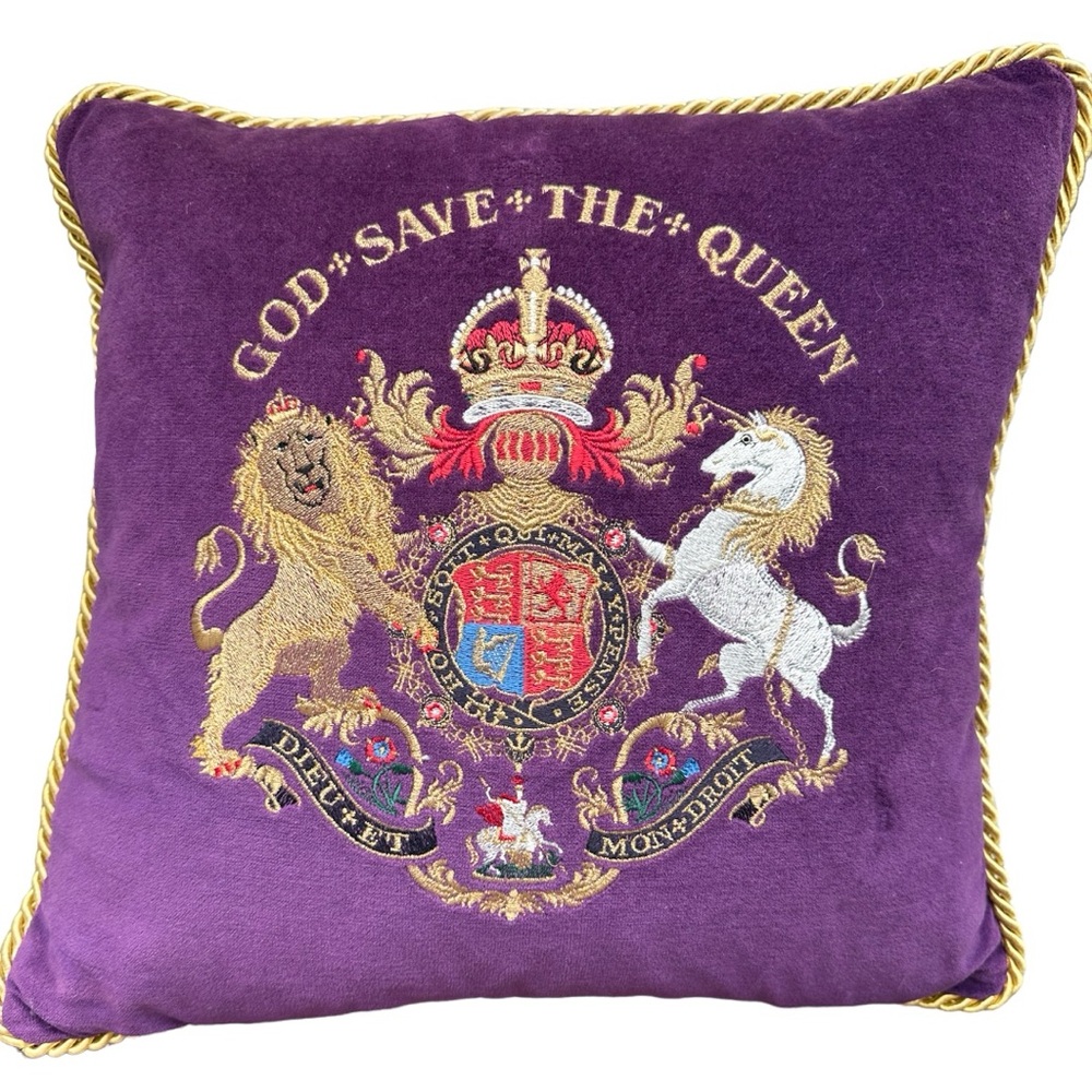Pillow - embroidered royal crest on purple velvet with gold trim and tassels